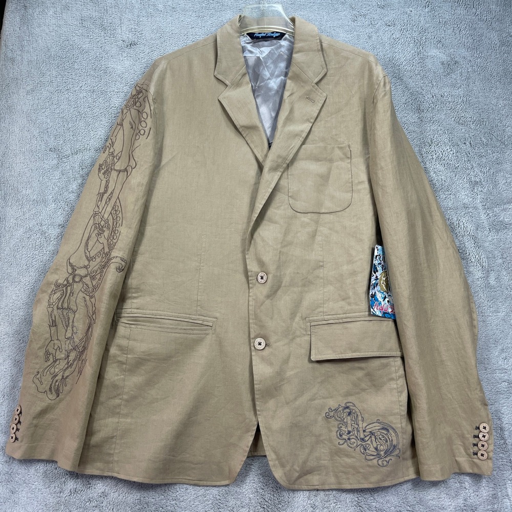 Artful Dodger Blazer Men XL Khaki Yahoo Blazer Graphic Embroidered Summertime